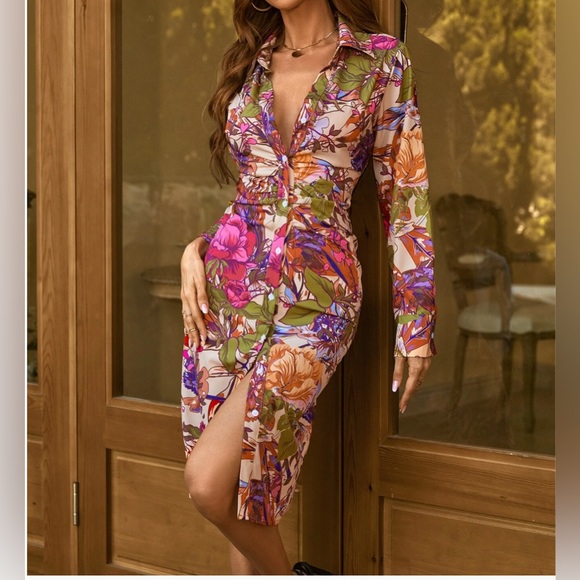 Boho Floral Print Button Front Shirt Dress - Picture 4 of 5